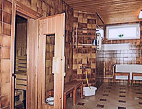 a room with a wooden door