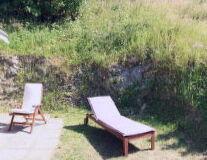 a chair in a grassy area with trees in the background