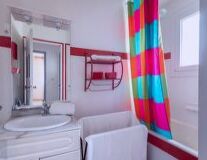 a colorful shower curtain