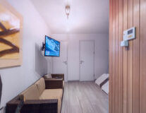 a room with a wooden door