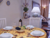 a dining table with a plate of food