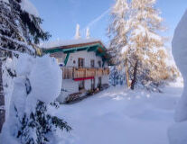 snow, outdoor, tree, sky, house, person, skiing, nature