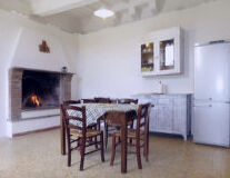 a dining room table in front of a fireplace