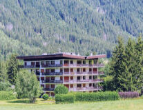 a building with a mountain in the middle of a lush green field