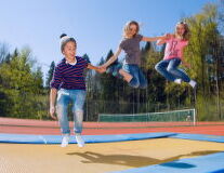 sky, tree, outdoor, playground, person, jump, sport, physical fitness, trampolining--equipment and supplies, trampoline, trampolining