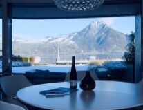 window, table, indoor, bottle, mountain, drink