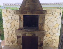 a stone fireplace