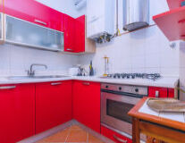 indoor, sink, red, floor, countertop, kitchen, interior, cabinetry, home appliance