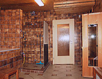 a room with tile walls